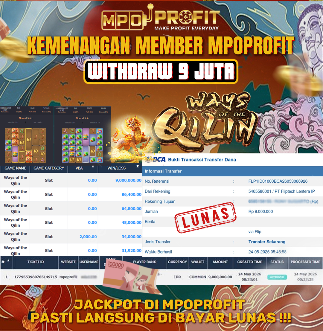 MPOPROFIT JACKPOT SLOT PGSOFT! KEMENANGAN MURNI DI (WAYS OF THE QILIN TOTAL RP. 9.000.000,- LUNAS)